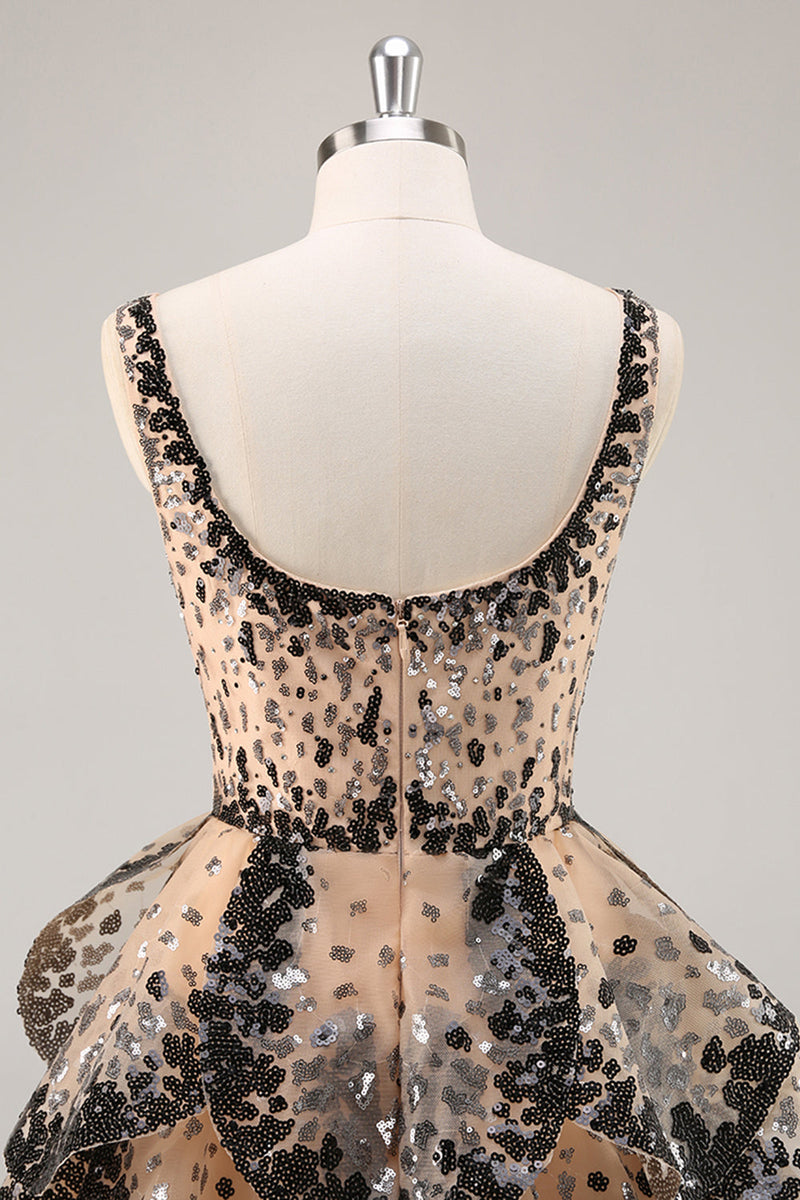 Load image into Gallery viewer, Sparkly Black and Apricot Sequin Tiered Short Prom Dress