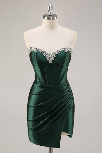 Sparkly Dark Green Corset Strapless Short Prom Dress with Rhinestones