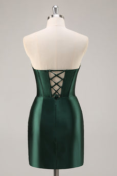 Sparkly Dark Green Corset Strapless Short Prom Dress with Rhinestones