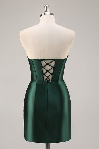 Sparkly Dark Green Corset Strapless Short Prom Dress with Rhinestones