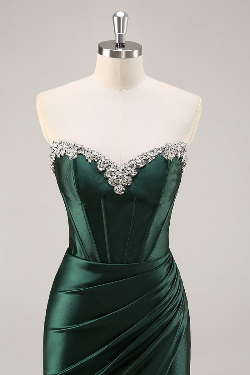 Load image into Gallery viewer, Sparkly Dark Green Corset Strapless Short Prom Dress with Rhinestones