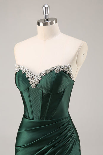 Sparkly Dark Green Corset Strapless Short Prom Dress with Rhinestones