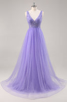 Load image into Gallery viewer, Sparkly Purple Beaded V-Neck A Line Long Prom Dress