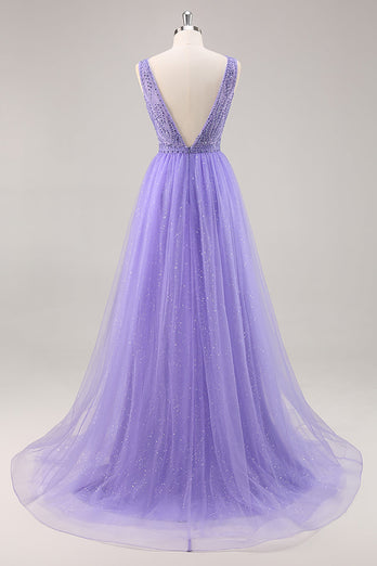 Sparkly Purple Beaded V-Neck A Line Long Prom Dress