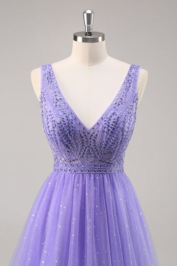 Sparkly Purple Beaded V-Neck A Line Long Prom Dress