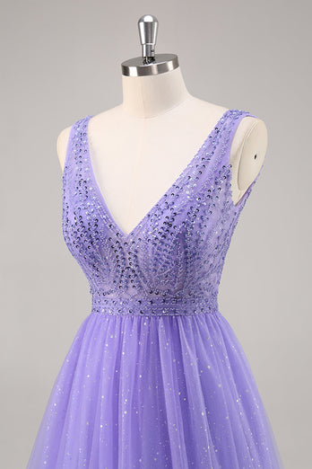 Sparkly Purple Beaded V-Neck A Line Long Prom Dress