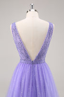 Load image into Gallery viewer, Sparkly Purple Beaded V-Neck A Line Long Prom Dress