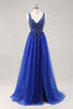 Load image into Gallery viewer, Sparkly Royal Blue Beaded Corset V-Neck Long Prom Dress with Slit