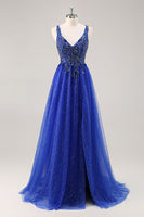 Load image into Gallery viewer, Sparkly Royal Blue Beaded Corset V-Neck Long Prom Dress with Slit