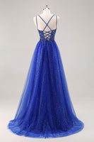 Load image into Gallery viewer, Sparkly Royal Blue Beaded Corset V-Neck Long Prom Dress with Slit