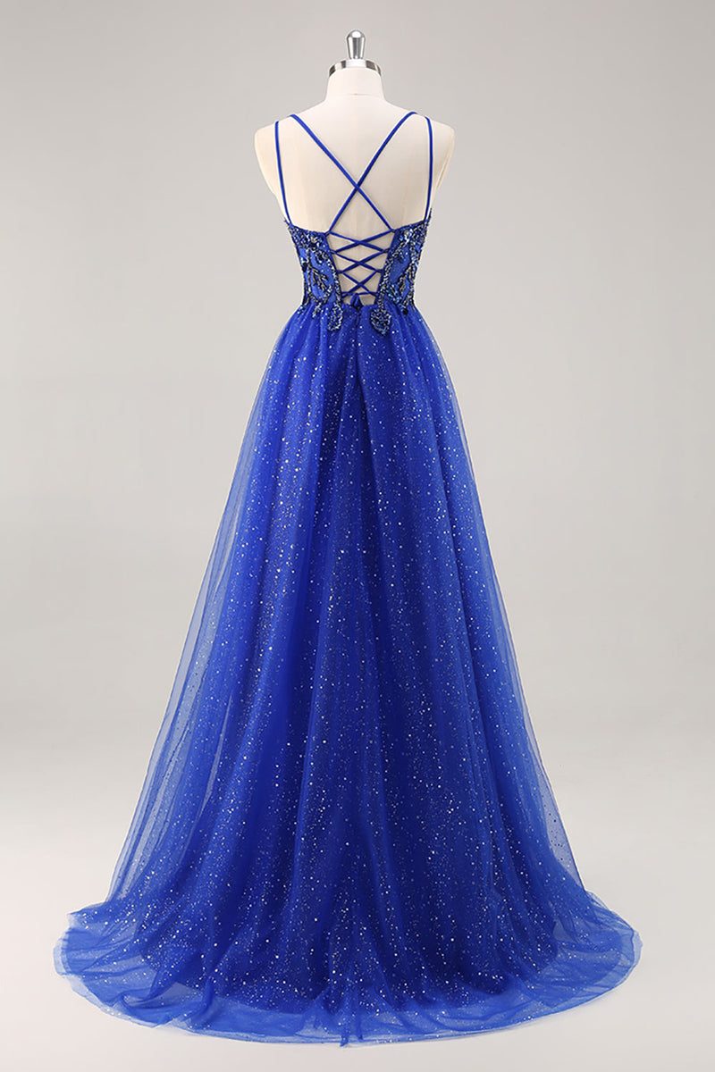 Load image into Gallery viewer, Sparkly Royal Blue Beaded Corset V-Neck Long Prom Dress with Slit