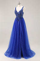 Load image into Gallery viewer, Sparkly Royal Blue Beaded Corset V-Neck Long Prom Dress with Slit