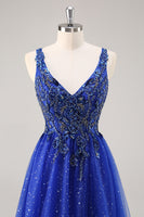 Load image into Gallery viewer, Sparkly Royal Blue Beaded Corset V-Neck Long Prom Dress with Slit