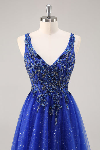 Sparkly Royal Blue Beaded Corset V-Neck Long Prom Dress with Slit