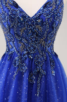 Load image into Gallery viewer, Sparkly Royal Blue Beaded Corset V-Neck Long Prom Dress with Slit
