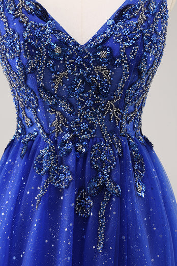 Sparkly Royal Blue Beaded Corset V-Neck Long Prom Dress with Slit