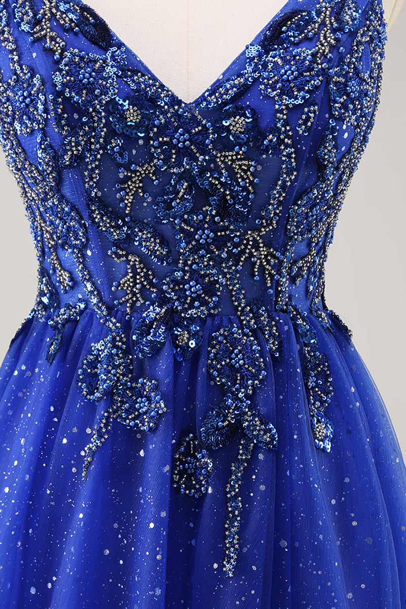 Load image into Gallery viewer, Sparkly Royal Blue Beaded Corset V-Neck Long Prom Dress with Slit