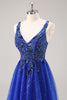 Load image into Gallery viewer, Sparkly Royal Blue Beaded Corset V-Neck Long Prom Dress with Slit
