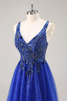 Load image into Gallery viewer, Sparkly Royal Blue Beaded Corset V-Neck Long Prom Dress with Slit