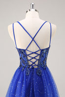 Load image into Gallery viewer, Sparkly Royal Blue Beaded Corset V-Neck Long Prom Dress with Slit