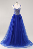 Load image into Gallery viewer, Sparkly Royal Blue Spaghetti Straps Beaded Long Prom Dress