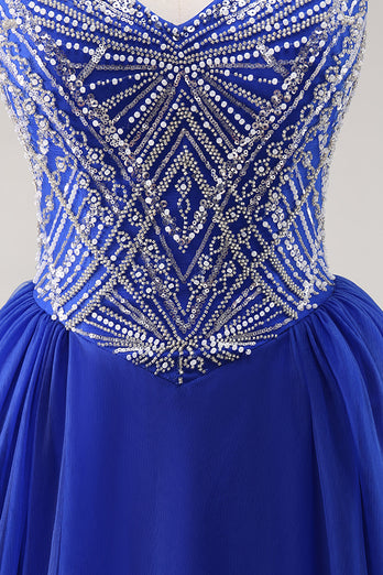 Sparkly Royal Blue Spaghetti Straps Beaded Long Prom Dress