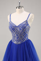 Load image into Gallery viewer, Sparkly Royal Blue Spaghetti Straps Beaded Long Prom Dress