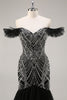 Load image into Gallery viewer, Sparkly Black Beaded Off the Shoulder Mermaid Long Prom Dress