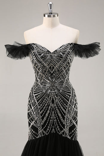 Sparkly Black Beaded Off the Shoulder Mermaid Long Prom Dress