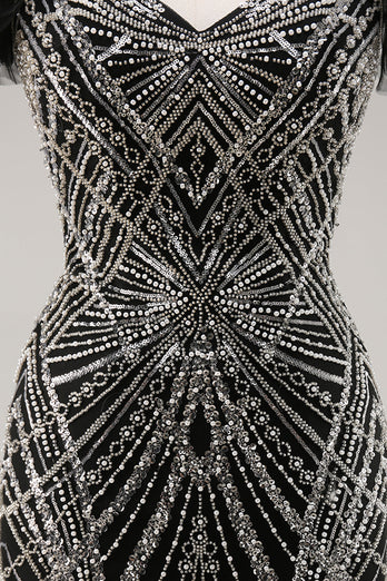 Sparkly Black Beaded Off the Shoulder Mermaid Long Prom Dress