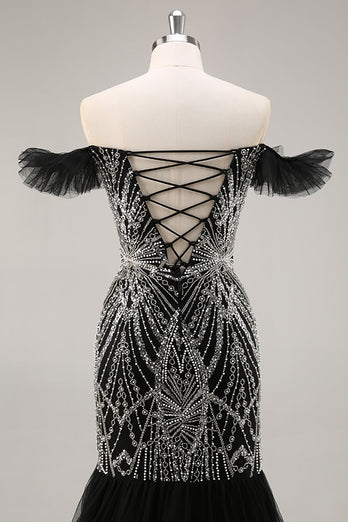 Sparkly Black Beaded Off the Shoulder Mermaid Long Prom Dress