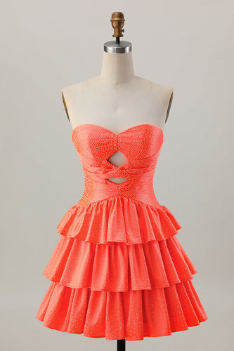 Sparkly Orange Cut Out Tiered Beaded A Line Short Prom Dress
