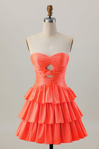 Sparkly Orange Cut Out Tiered Beaded A Line Short Prom Dress