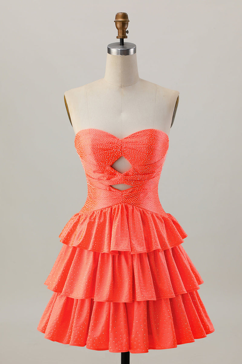 Load image into Gallery viewer, Sparkly Orange Cut Out Tiered Beaded A Line Short Prom Dress