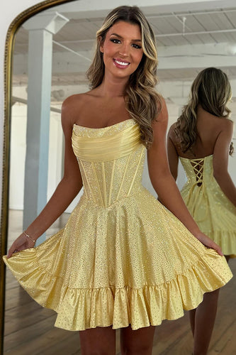 Women Sparkly Yellow Corset Short Prom Dress with Beading Strapless Lace Up Back A Line Birthday Party Dress