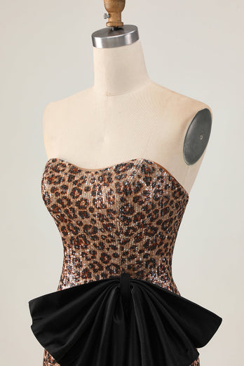 Sparkly Brown Leopard Short Sequins Tight Prom Dress with Bow