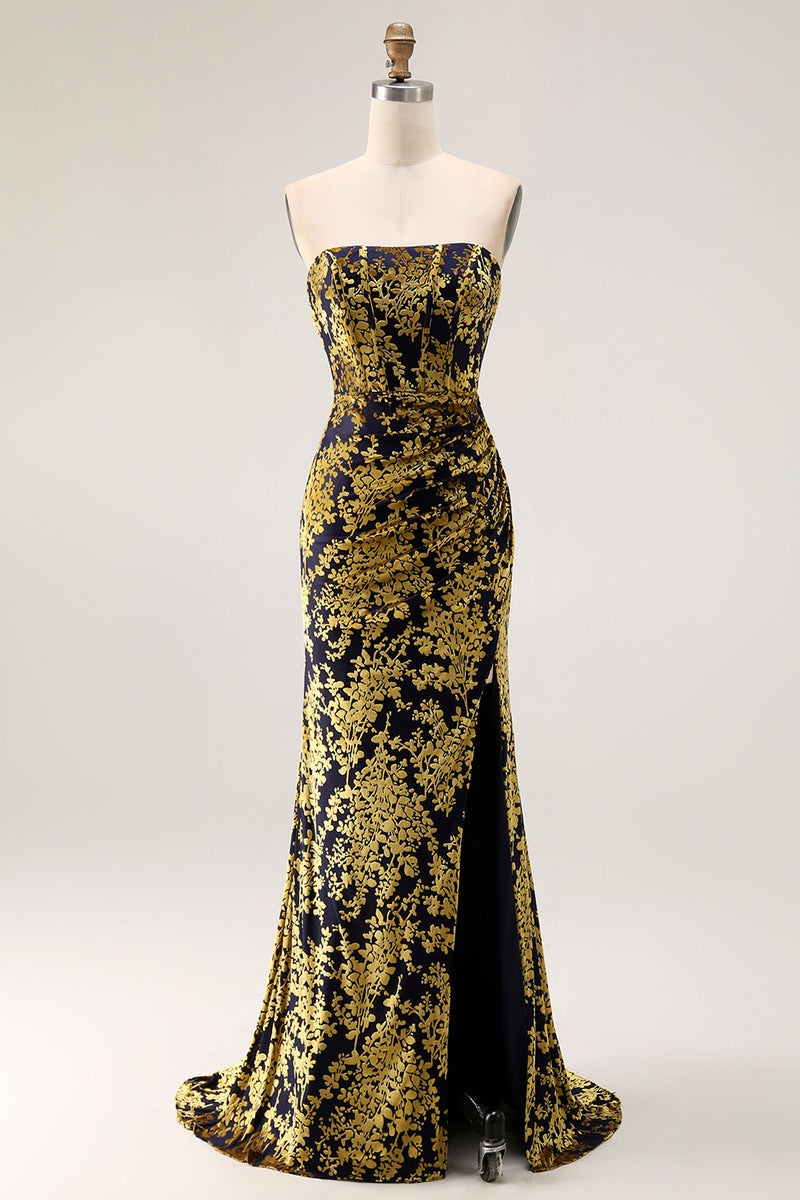 Load image into Gallery viewer, Peacock Green Floral Mermaid Strapless Long Corset Formal Dress with Slit