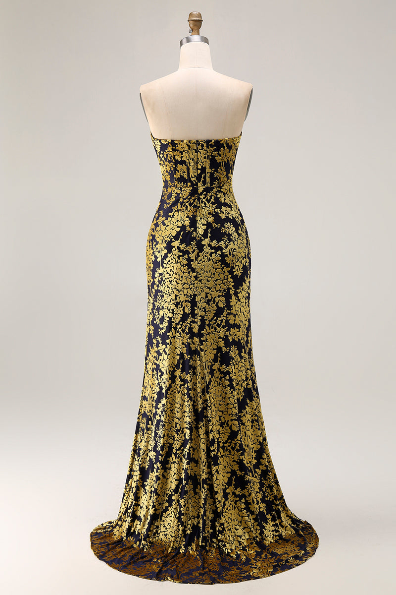 Load image into Gallery viewer, Peacock Green Floral Mermaid Strapless Long Corset Formal Dress with Slit