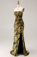 Load image into Gallery viewer, Peacock Green Floral Mermaid Strapless Long Corset Formal Dress with Slit