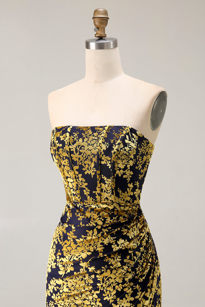 Load image into Gallery viewer, Peacock Green Floral Mermaid Strapless Long Corset Formal Dress with Slit