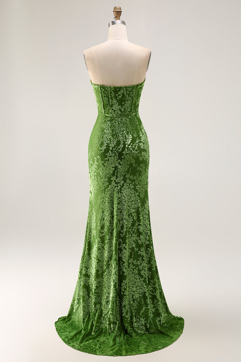 Load image into Gallery viewer, Peacock Green Floral Mermaid Strapless Long Corset Formal Dress with Slit