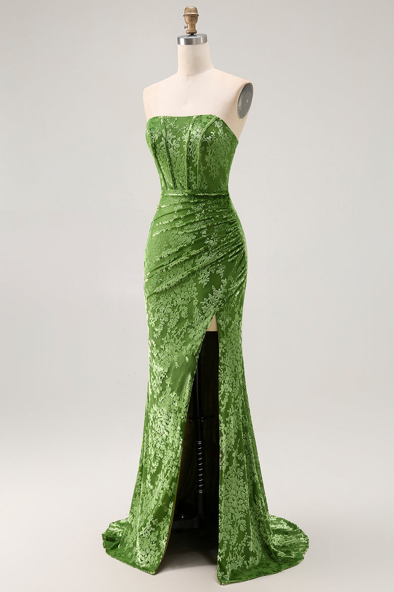 Load image into Gallery viewer, Peacock Green Floral Mermaid Strapless Long Corset Formal Dress with Slit