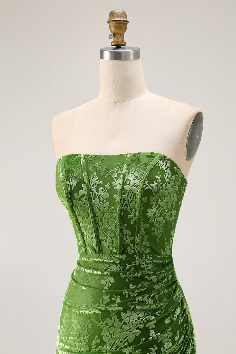 Load image into Gallery viewer, Peacock Green Floral Mermaid Strapless Long Corset Formal Dress with Slit