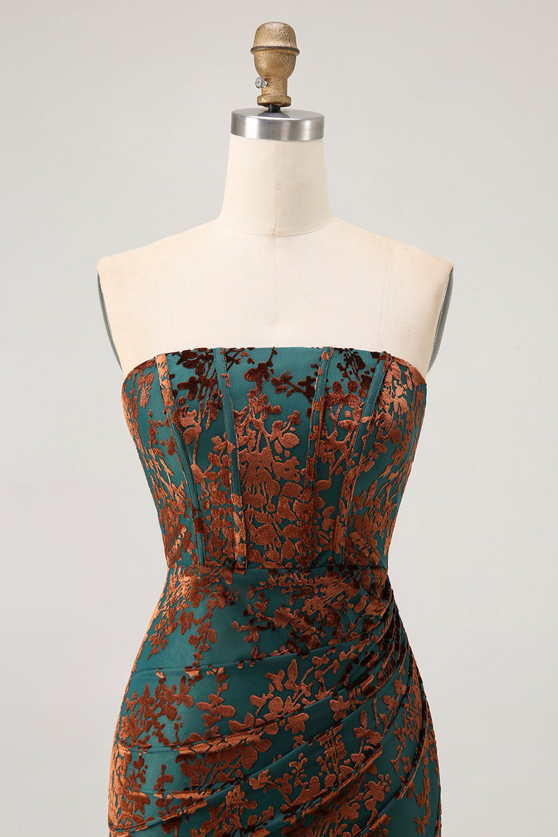 Load image into Gallery viewer, Peacock Green Floral Mermaid Strapless Long Corset Formal Dress with Slit