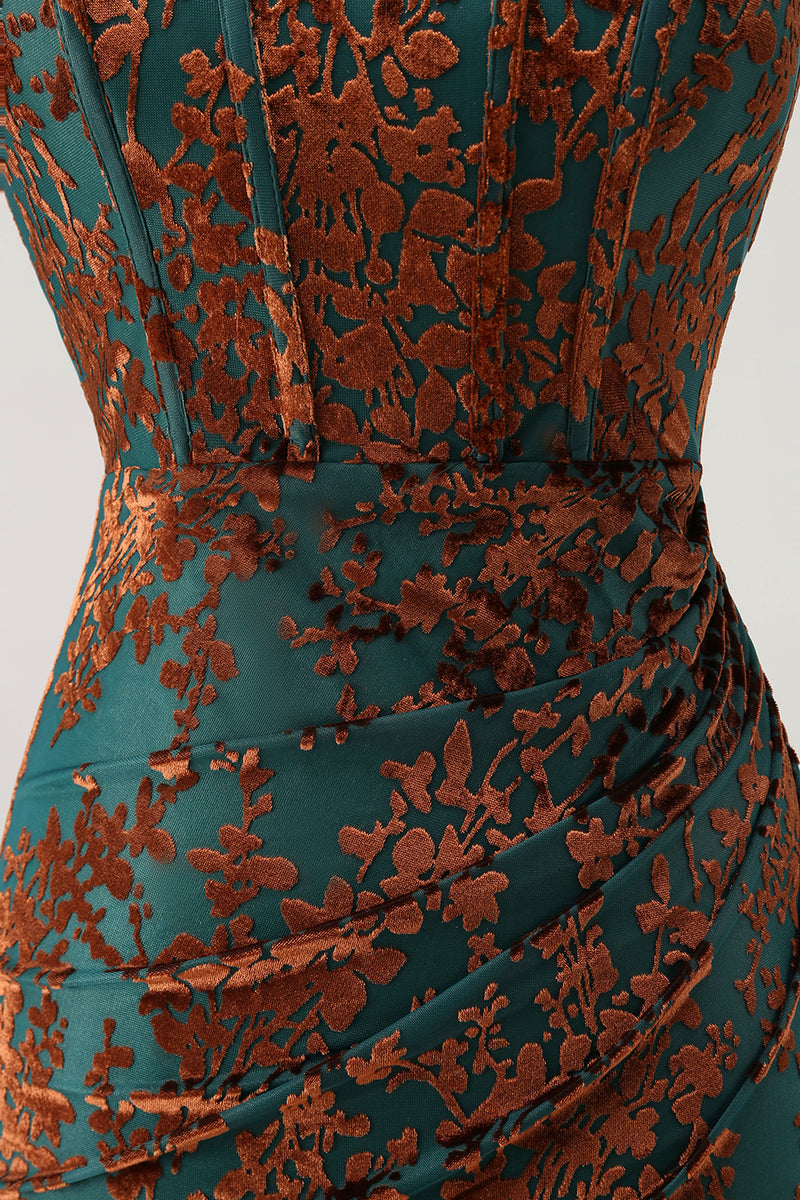 Load image into Gallery viewer, Peacock Green Floral Mermaid Strapless Long Corset Formal Dress with Slit