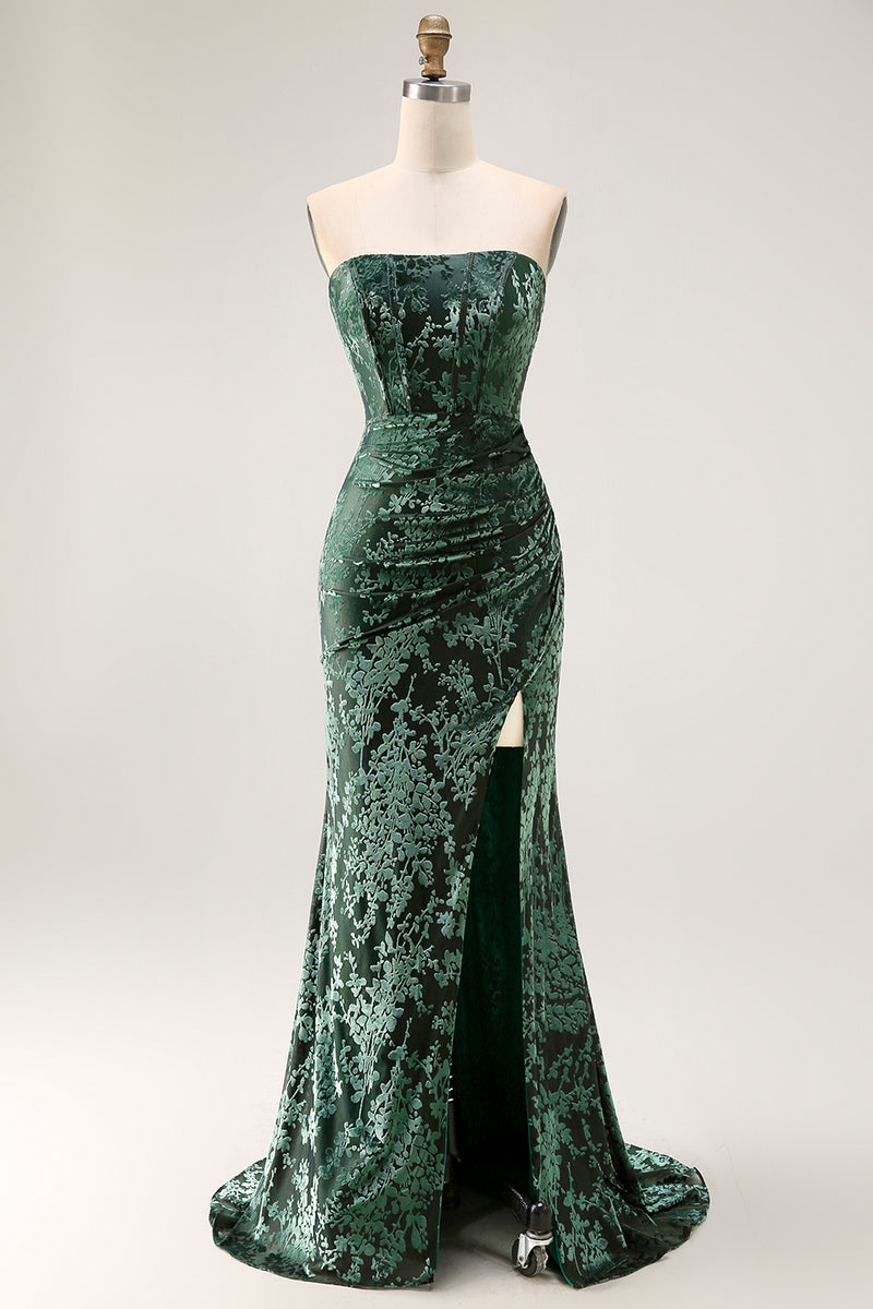 Load image into Gallery viewer, Peacock Green Floral Mermaid Strapless Long Corset Formal Dress with Slit