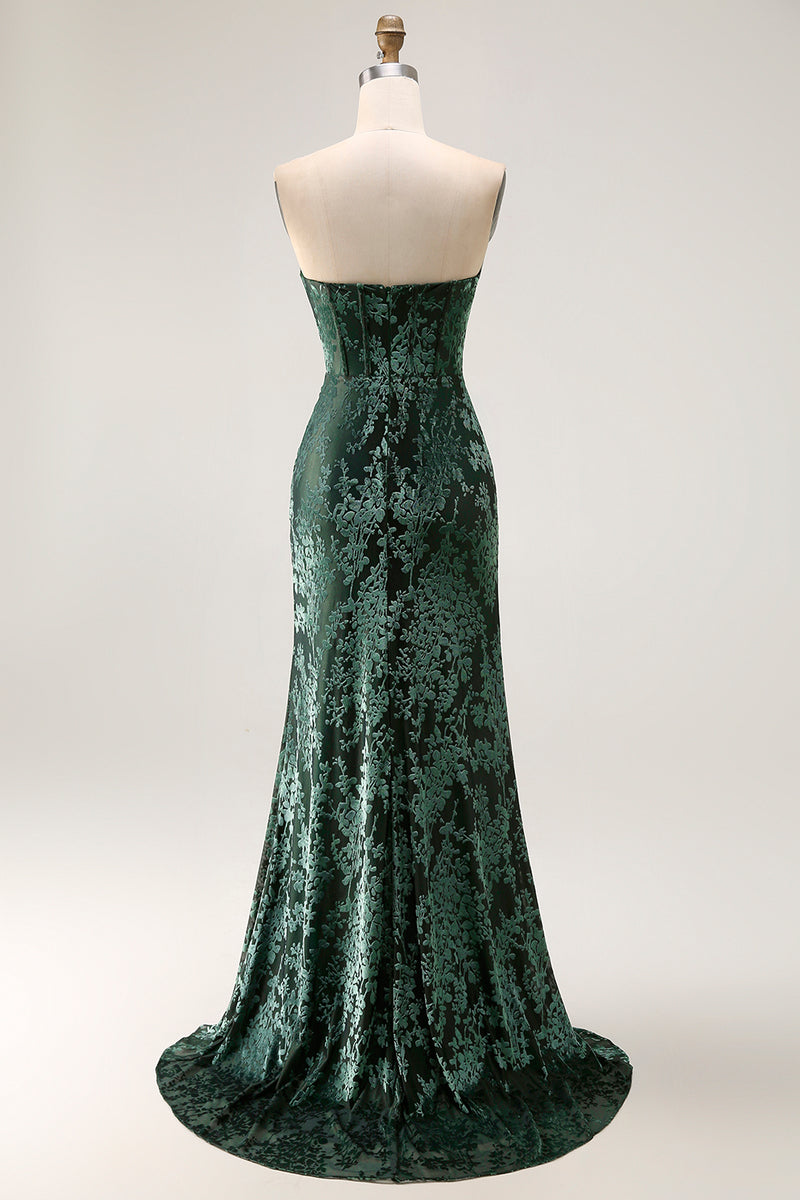 Load image into Gallery viewer, Peacock Green Floral Mermaid Strapless Long Corset Formal Dress with Slit