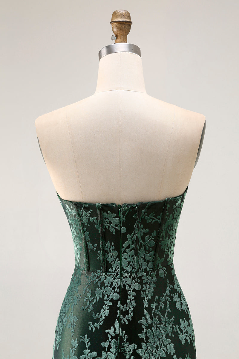 Load image into Gallery viewer, Peacock Green Floral Mermaid Strapless Long Corset Formal Dress with Slit