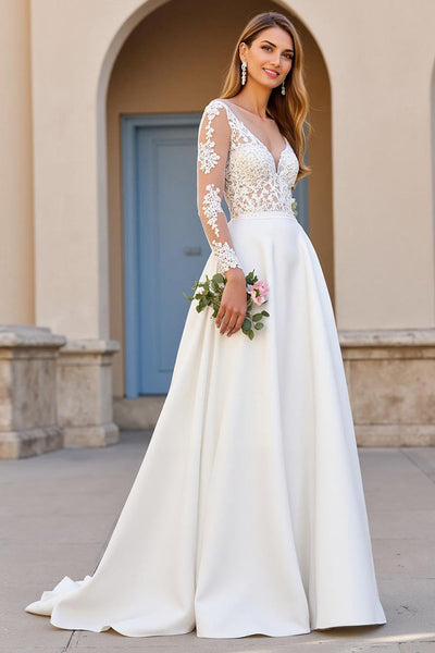 Ivory A Line Long Sleeves Sweep Train Wedding Dress with Lace