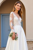 Load image into Gallery viewer, Ivory A Line Long Sleeves Sweep Train Wedding Dress with Lace
